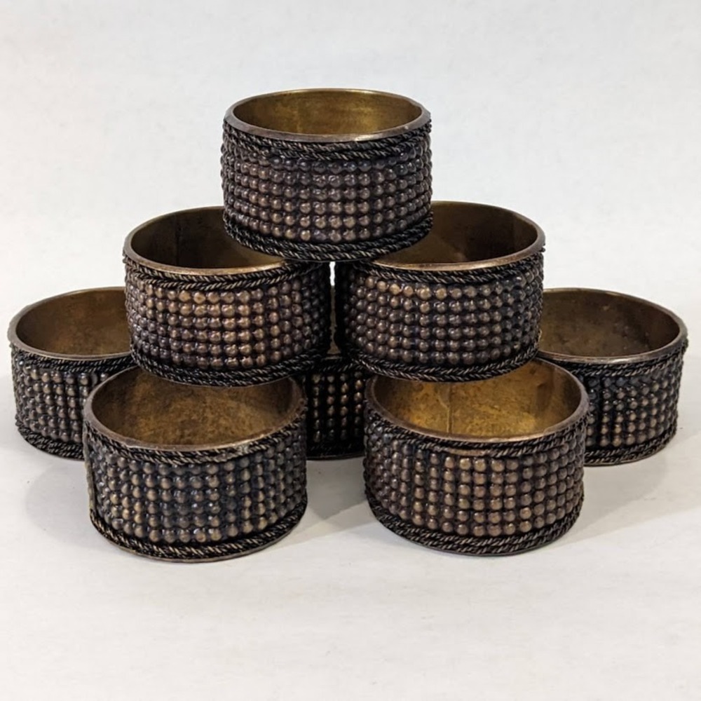 Vintage Antiqued Bronze Beaded Napkin Rings Set of 8 Brass Tone Textured Metal